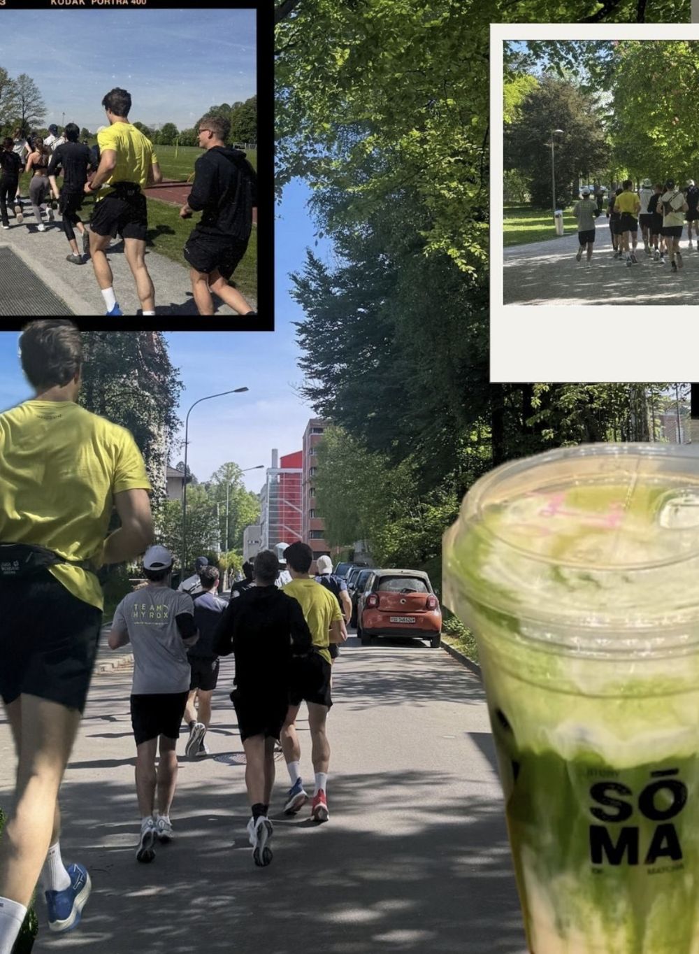 Momentum runners on the Matcha Run with an iced matcha from SŌMA